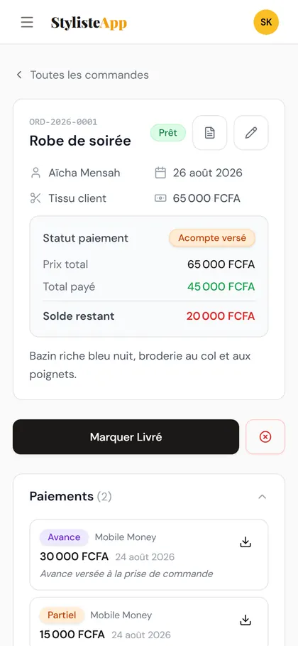 Une commande — La cliente, le vêtement, l’échéance et le reste à payer calculé tout seul.