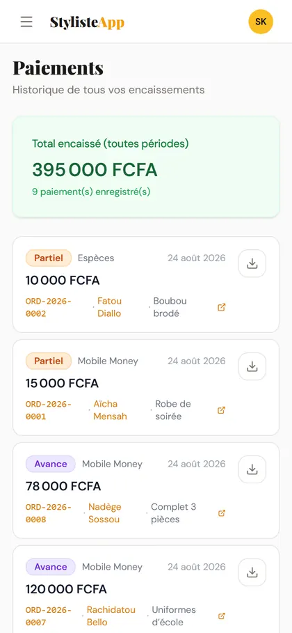 Vos encaissements — Tout ce qui est rentré, commande par commande, avec le reçu en PDF.