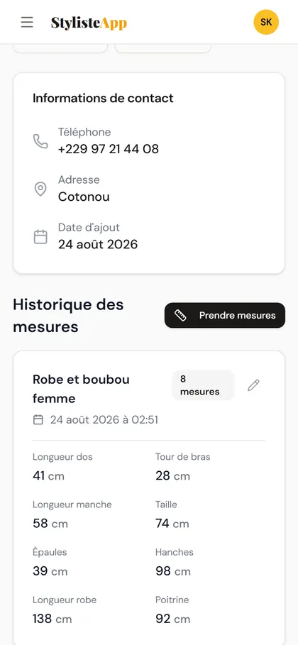 Les mesures d’une cliente — Ses mensurations datées et conservées. Jamais écrasées.